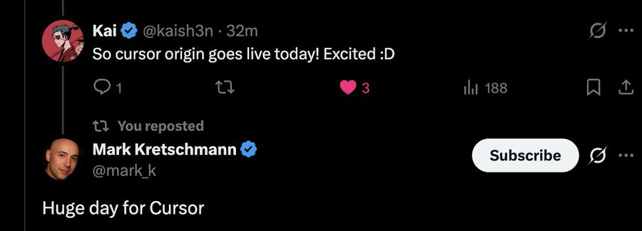 A social media thread (appearing to be X/Twitter) where user Kai (@kaish3n) posts "So cursor origin goes live today! Excited :D" with a reposted message from Mark Kretschmann (@mark_k) stating "Huge day for Cursor".