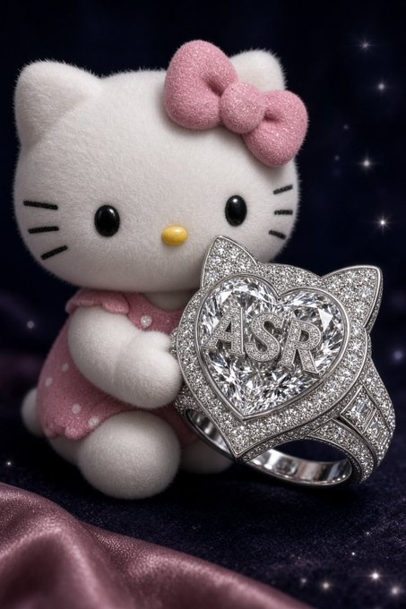 A plush Hello Kitty toy holding a sparkling heart-shaped diamond ring with the letters 'ASR' engraved on it.