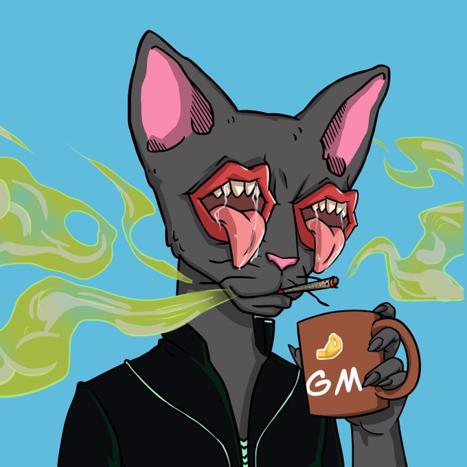 A cartoon cat character with four eyes and pink tongues smokes a cigarette while holding a brown mug labeled "GM" against a blue background with green smoke, visually matching the "GM Everyone, Blessed new week" post—a common crypto/web3 greeting where "GM" stands for "Good Morning."