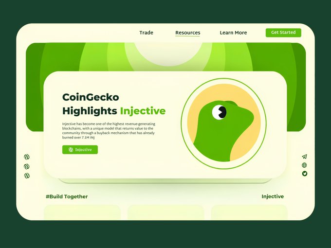 A CoinGecko Highlights landing page for Injective, describing it as a revenue-generating blockchain with a buyback mechanism that has burned over 7.1M INJ, featuring a green frog mascot logo.