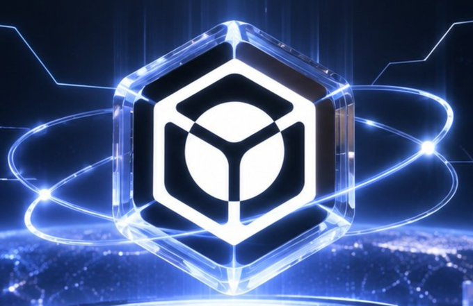 A blue-themed digital artwork featuring a glowing hexagonal cube logo with circular elements, set against a dark background with light trails and city lights below.