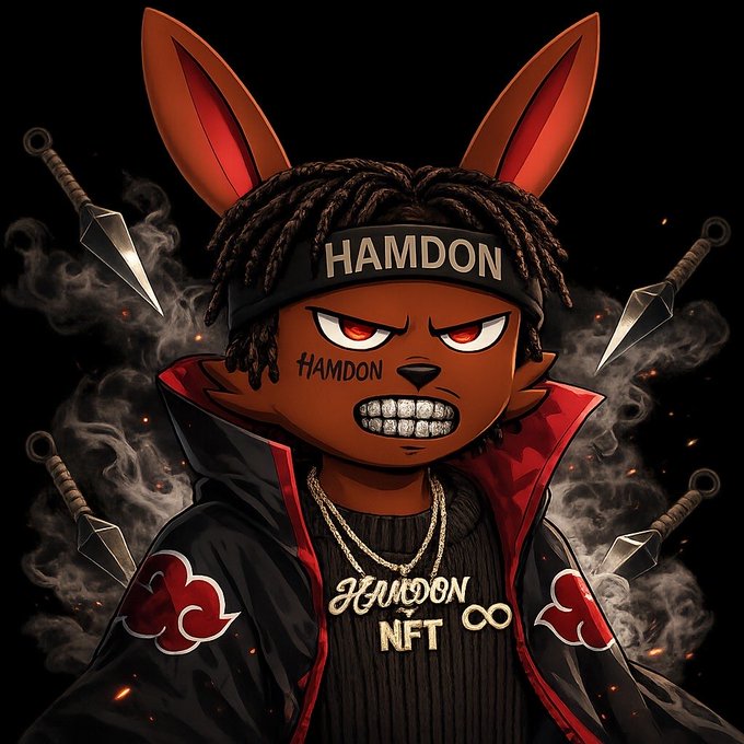 A digital NFT-style illustration of an anthropomorphic rabbit character with dreadlocks, diamond grillz, and an Akatsuki-style cloak, wearing a headband and a chain reading 'HAMDON NFT', surrounded by floating kunai and smoke.