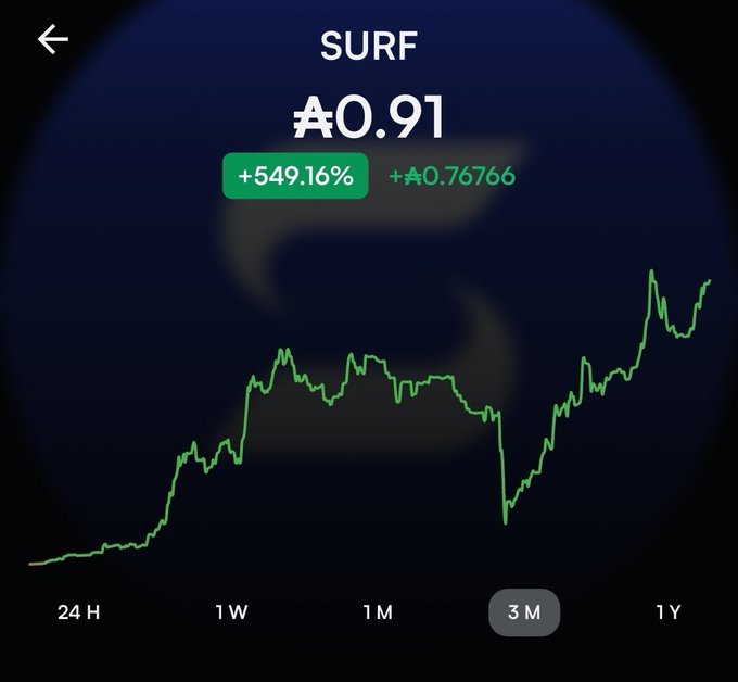 A stock trading app screen showing 'SURF' stock at A$0.91 with a gain of +549.16% (+A$0.76766), displaying a green line chart with time period options (24H, 1W, 1M, 3M, 1Y) at the bottom.