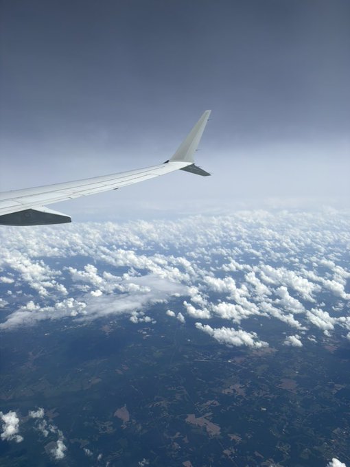 The image shows an airplane flying through a cloudy sky with a view of the earth below. The airplane's wing can be seen extending from the top left corner towards the bottom right, while the clouds are scattered across the sky at various heights. Below the airplane, there is a green field that stretches out to meet the horizon line in the distance. The post includes an image of a dog tipping over its bowl and a caption about going on a tipping spree at 30,000 feet via @Starlink.
