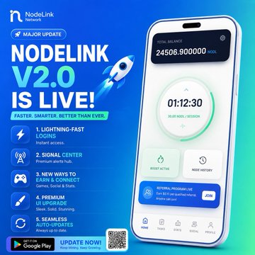 The image is a promotional advertisement for NodeLink Network announcing its "Major Update NodeLink V2.0 Is Live!" with features like lightning-fast logins, a signal center, new ways to earn, premium UI upgrades, and seamless auto-updates, alongside a smartphone mockup showing a "Total Balance" of 24506.900000 with a return of 01:12:30. The post contrasts this new competitor (#NODELINK) with #INTERLINK, urging users to take advantage of an early miner opportunity using invitation code 4KNQY97.