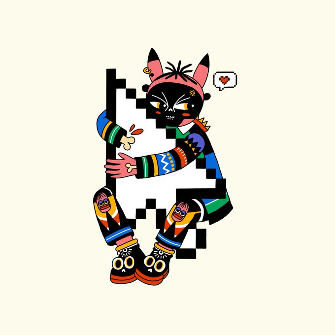 A colorful cartoon character wearing a black and pink mask, patterned clothing, and distinctive boots hugs a large pixelated white shape, with a broken heart speech bubble.