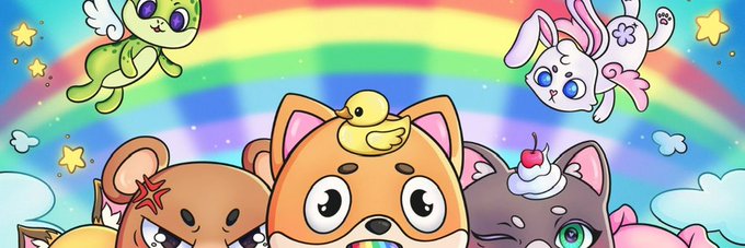 A vibrant cartoon illustration features cute animal characters—including dogs, a bunny, and a winged cat—set against a rainbow background with stars and clouds. The whimsical, kawaii-style artwork visually represents the playful "Moshikins" NFT collection mentioned in the post, tying into the celebratory tone of the 3x GTD giveaway announcement on Robinhood Chain.