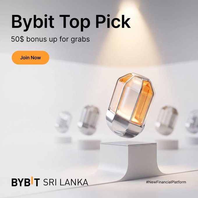 A promotional advertisement for "Bybit Top Pick" offering a "50$ bonus up for grabs" via a "Join Now" button, with "BYBIT SRI LANKA" and "#NewFinancialPlatform" at the bottom.