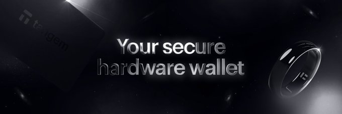 A black and white advertisement reading 'Your secure hardware wallet' next to an image of a ring device with the Tangem logo.