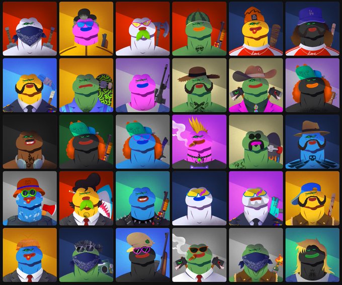 A grid of 30 colorful, cartoon-style NFT avatars featuring various anthropomorphic animals like frogs, ducks, and bears wearing different hats, outfits, and accessories.