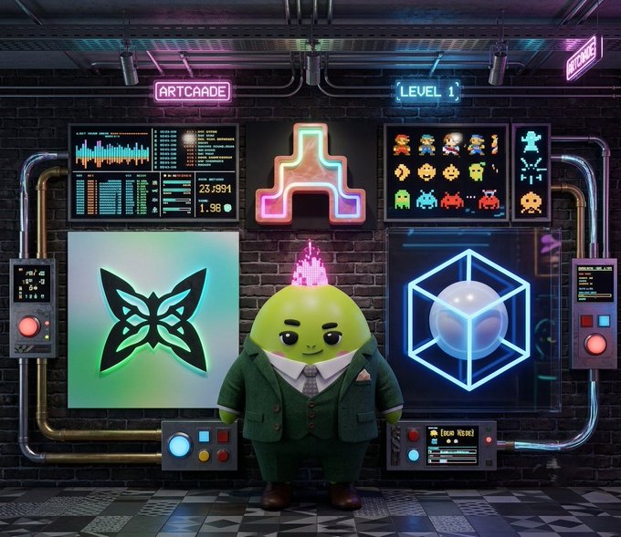 A 3D rendered green round character wearing a suit and tie with a pink mohawk stands in a cyberpunk arcade room featuring Tetris-themed neon signs and game screens.