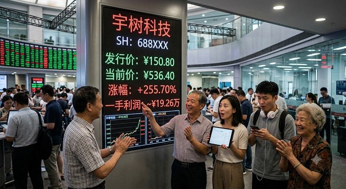 A scene inside what appears to be a Chinese stock exchange showing people gathered around an electronic board displaying '宇树科技' (Unitree Robotics) with stock code 688XXX, showing an issue price of ¥150.80, current price of ¥536.40, a gain of +255.70%, and a one-hand profit of approximately ¥19.26万.
