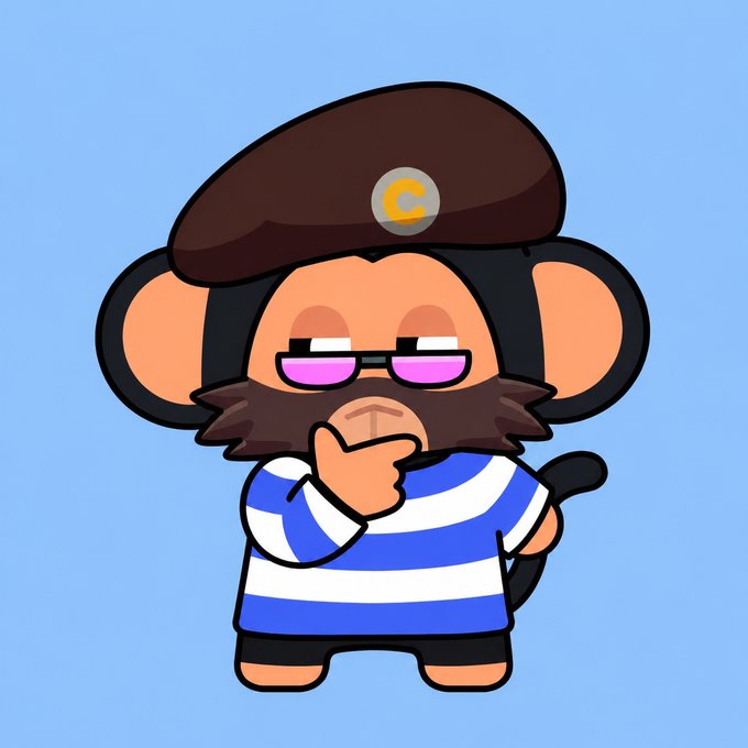 A cartoon monkey character wearing a beret with a yellow logo, pink sunglasses, and a blue and white striped shirt, posing with its hand on its chin.