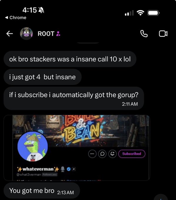 A screenshot of a Discord DM conversation with "ROOT" discussing a successful 10x trading call where ROOT made 4x gains and received a "Bubbles & Bean" YouTube subscription, with the user replying "You got me bro" to confirm the shoutout.