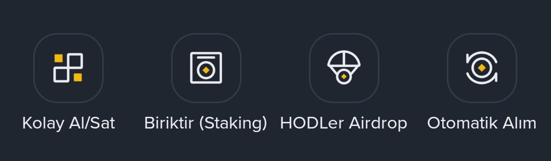 Four icons on a dark background displaying Binance TR's crypto features: "Kolay Al/Sat" (Easy Buy/Sell), "Biriktir (Staking)," "HODLer Airdrop," and "Otomatik Alım" (Automatic Buy), with the latter directly corresponding to the post's discussion about Binance TR's Automatic Buy feature that automates crypto purchases based on specified amounts and times.