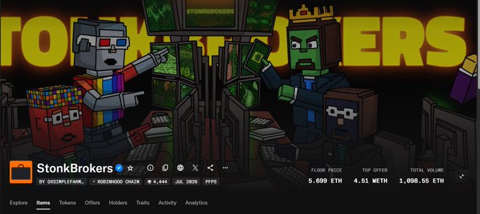 An OpenSea NFT listing page for the "StonkBrokers" collection, displaying pixel-art characters at trading desks with stats including a floor price of 5.699 ETH, top offer of 4.511 NETH, and total volume of 1,098.55 ETH.