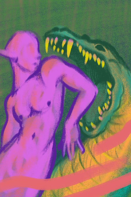 A vibrant, grainy illustration depicting a pink humanoid figure embraced by a large green creature with sharp yellow teeth, set against a dark green background.