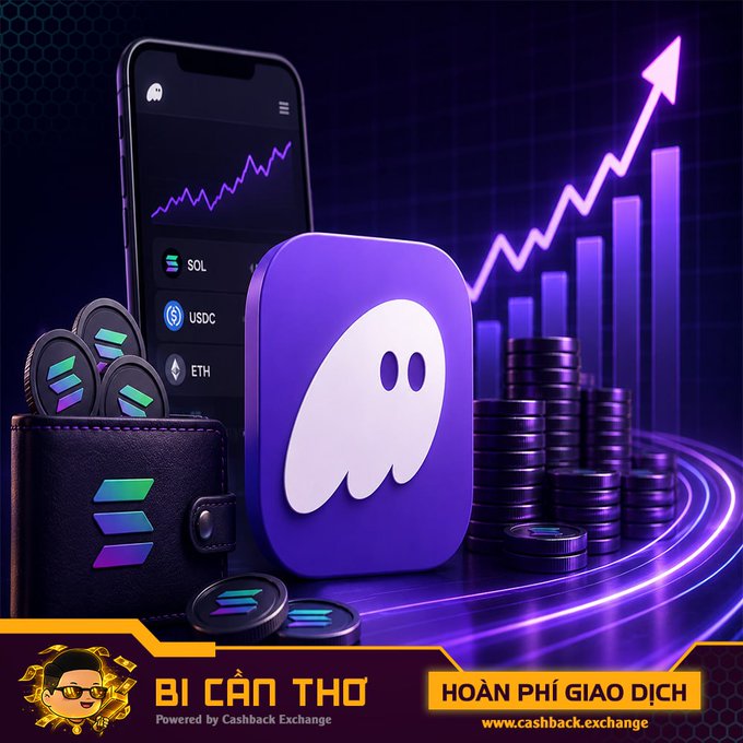 A promotional image for 'BÍ CÂN THƠ' powered by Cashback Exchange showing a purple ghost icon (Ghost app), cryptocurrency coins (SOL, USDC, ETH), and a wallet with 'HOÀN PHÍ GIAO DỊCH' (transaction fee refund) text.