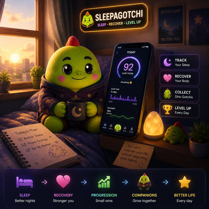 The image features a cute green frog sitting on a bed with a cell phone displaying its sleep tracking app. The app provides information about the frog's sleep patterns and suggests ways to improve their sleep quality, such as setting an alarm for 7-9 hours of sleep each night or reducing screen time before bedtime. The post encourages users to focus on building healthy routines rather than chasing endless noise cycles that can negatively impact sleep quality.