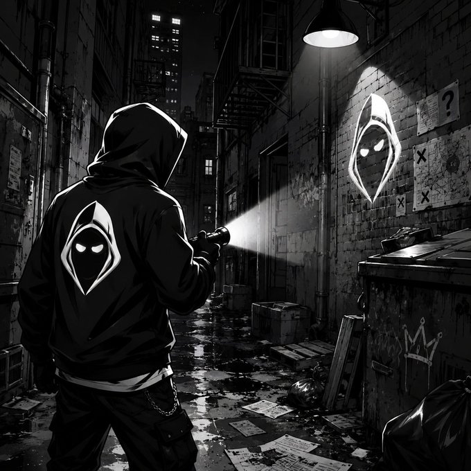A hooded figure with a matching emblem searches a dark, graffiti-covered alley with a flashlight, illuminating a matching hooded symbol—framing the post’s “Day #1 of The HOOD Hunt — Find the signal” as a real-world search for the hidden signal.