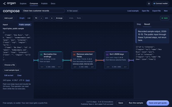 A screenshot of an 'organ' data processing interface showing a workflow with three steps ('Normalize line endings', 'Remove selected fields', 'Sort JSON keys') used to clean two customer records.