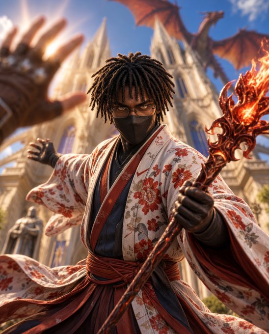 A fantasy-style digital illustration depicts a dreadlocked figure in a floral kimono and black mask, wielding a flaming staff with a gothic cathedral and red dragon in the background.