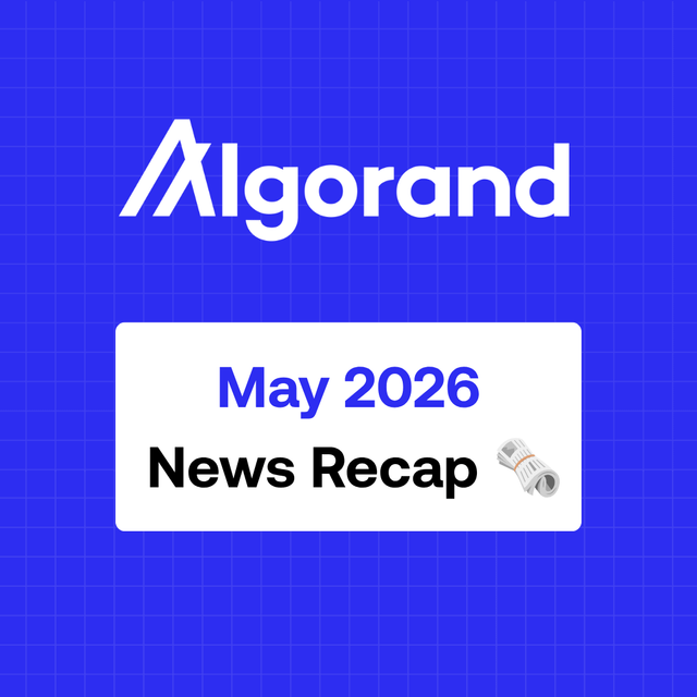 The image features a blue background with white text that reads "May 2026 News Recap". This information is related to the Algorand cryptocurrency, as indicated by the title of the post. The post appears to be a summary or overview of recent events in the world of cryptocurrencies and blockchain technology.