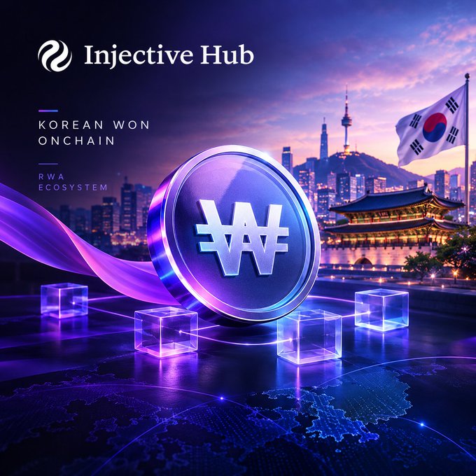 A promotional graphic for Injective Hub featuring a large coin with a won symbol, set against a backdrop of the Seoul skyline and a South Korean flag, with text reading 'KOREAN WON ONCHAIN' and 'RWA ECOSYSTEM'.