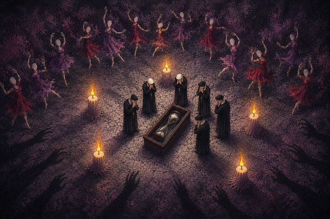 A dark, gothic digital artwork depicting a funeral scene with figures in black robes gathered around a casket lit by candles, while ghostly dancers in red and purple dresses perform a ritualistic circle, surrounded by shadowy hands reaching from the ground.