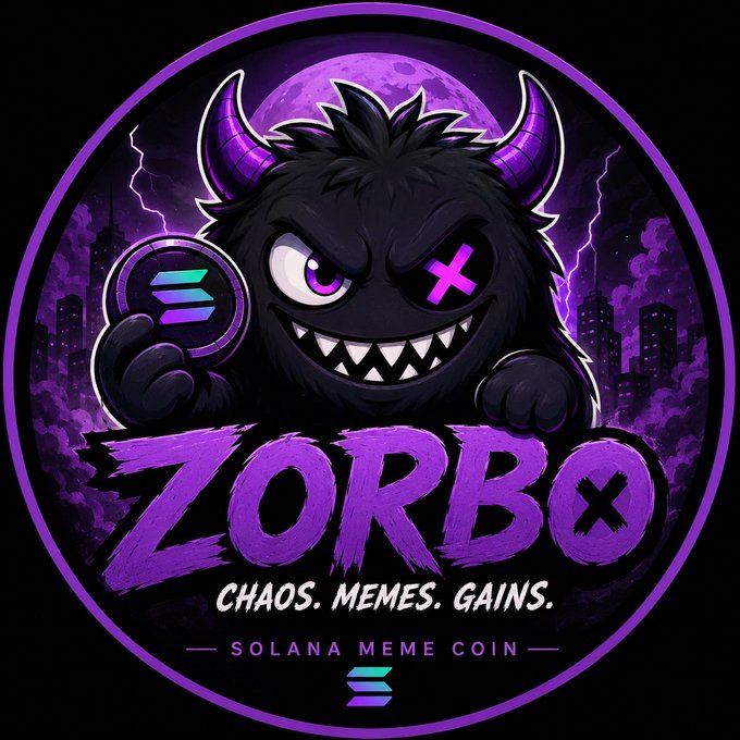 A purple-themed meme coin logo for 'ZORBO' featuring a cartoon monster character with horns and the tagline 'CHAOS. MEMES. GAINS. SOLANA MEME COIN'.