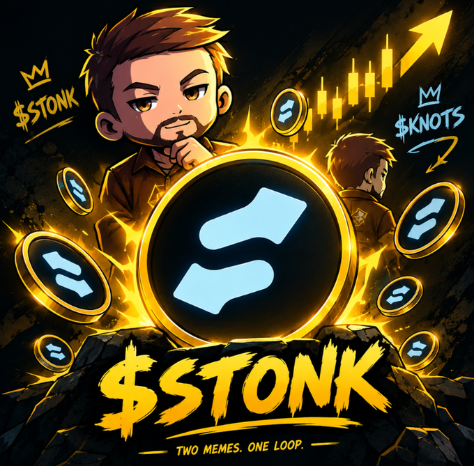 A stylized cartoon mascot with brown hair and a goatee poses thoughtfully beside a glowing Storm (STX) token coin, set against a background of golden candlestick charts showing upward momentum. Bold yellow text displays "$STONK" with the tagline "TWO MEMES. ONE LOOP." while "$KNOTS" is tagged in the corner, visually representing the dual-token ecosystem where KNOTS trading volume generates STONK rewards.