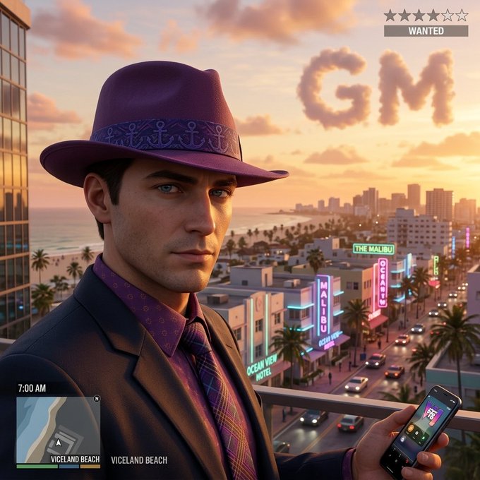 The image is a stylized, video game-inspired portrait of a well-dressed man wearing a purple fedora with anchor motifs, a dark suit, and a magenta patterned shirt and tie, holding a smartphone while overlooking a vibrant coastal city at sunset with palm trees and neon-lit hotels, including signs reading "THE MALIBU," "MALIBU HOTEL," "OCEAN VIEW," and "GLORY," alongside a HUD displaying "7:00 AM," "VICELAND BEACH," a mini-map, and a "WANTED" rating, tying into the post's phrase "GM to those who still GM!" by featuring the letters "GM" spelled out in clouds in the sky, playfully blending "Good Morning" with the cinematic, GTA-like aesthetic.