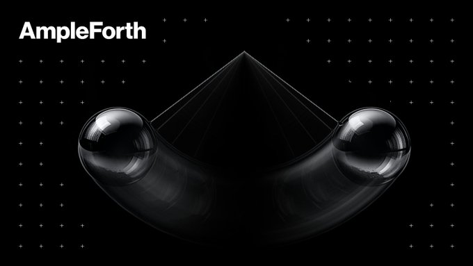 The image features the "Ampleforth" logo in the upper left, alongside a stylized abstract design of two dark, glossy spheres connected by a curved tube against a black background dotted with a grid of plus signs, visually representing the protocol's supply-adjustment mechanism.

The image illustrates Ampleforth's elastic supply concept, with the interconnected spheres symbolizing how the network's token supply expands and contracts to absorb demand shifts—keeping each holder's proportional share stable while the total supply self-corrects, as referenced in the post about its 120+ rebase events.