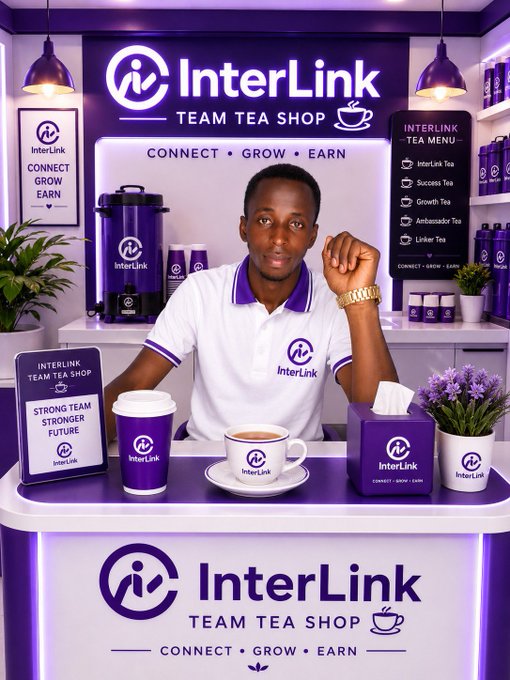 A promotional image for 'InterLink TEAM TEA SHOP' showing a man at a purple-themed counter with branding 'CONNECT • GROW • EARN' and a 'STRONG TEAM STRONGER FUTURE' sign.