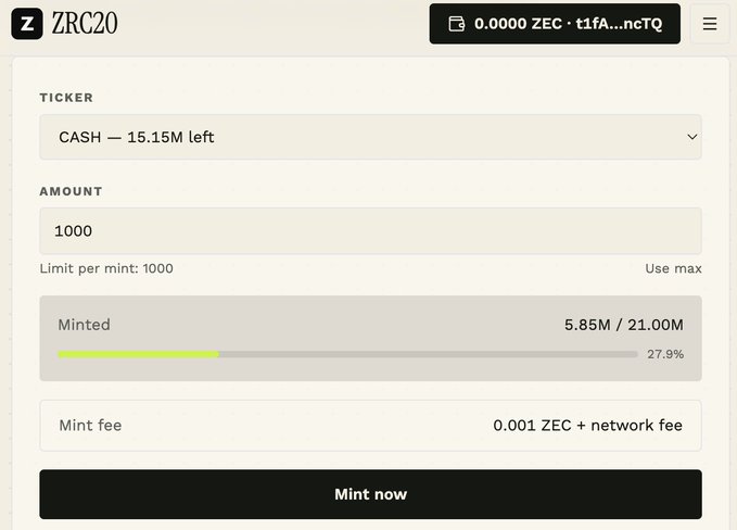 A ZRC20 token minting interface showing CASH ticker with 15.15M left, an amount field set to 1000, 5.85M of 21.00M minted (27.9%), and a mint fee of 0.001 ZEC plus network fee.