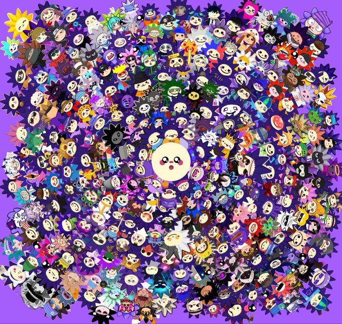 A dense, chaotic collage of numerous cartoon-style faces and characters in various colors, with a single surprised egg-like character positioned in the center against a purple background.