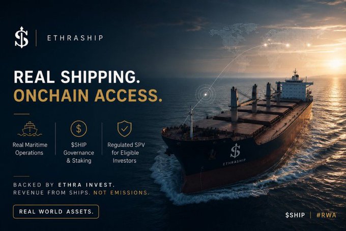 An advertisement for 'ETHRASHIP' promoting 'Real Shipping. Onchain Access.' with features including Real Maritime Operations, $SHIP Governance & Staking, and a Regulated SPV, backed by Ethra Invest.