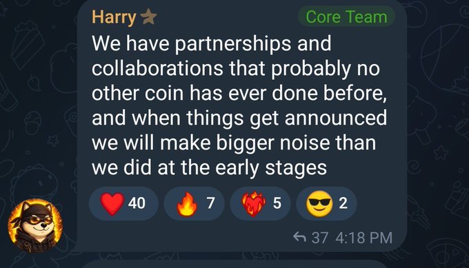 A Discord message from "Harry ⭐" (Core Team) reads: "We have partnerships and collaborations that probably no other coin has ever done before, and when things get announced we will make bigger noise than we did at the early stages" — garnering 40 ❤️, 7 🔥, 5 ❤️‍🔥, and 2 😎 reactions. The post highlights the $Manyu meme coin's core team teasing upcoming major partnerships and catalysts expected in August, aligning with the image's promotional tone.