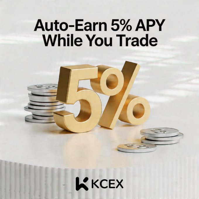 A promotional graphic for KCEX featuring gold '5%' 3D letters alongside silver coins, with the headline 'Auto-Earn 5% APY While You Trade' and the KCEX logo.