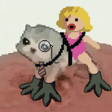 A pixelated cartoon image showing a blonde woman in a pink top sitting on the back of a gray frog-like creature wearing a striped tie and a monocle.