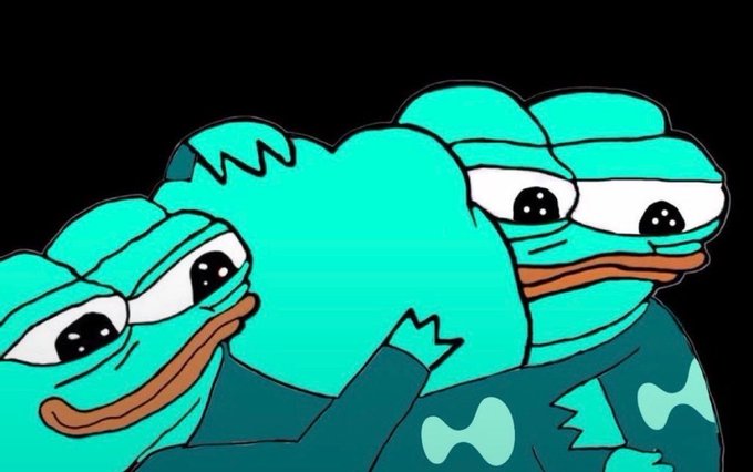 A digital illustration features three teal-colored, frog-like characters with wide, teary eyes and downturned mouths, huddled together against a black background.