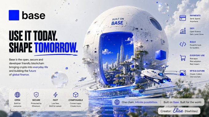 The image is a promotional graphic for "Base," a blockchain platform, featuring a futuristic cityscape inside a sphere with the tagline "USE IT TODAY. SHAPE TOMORROW." and highlighting features like Open, Secure, Fast, and Composable, with use cases including Payments, DeFi, Build, Everyday Use, and NFTs & Culture.

It visually reinforces the post's theme by showcasing Base's vision of seamlessly integrating blockchain into daily life through its open, developer-friendly platform designed to make crypto interactions as effortless as the futuristic, frictionless cityscape depicted.