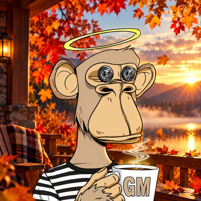 A cartoon ape character with a glowing halo, coin-shaped eyes, and a striped shirt holds a coffee mug labeled 'GM' against an autumn lakeside backdrop.