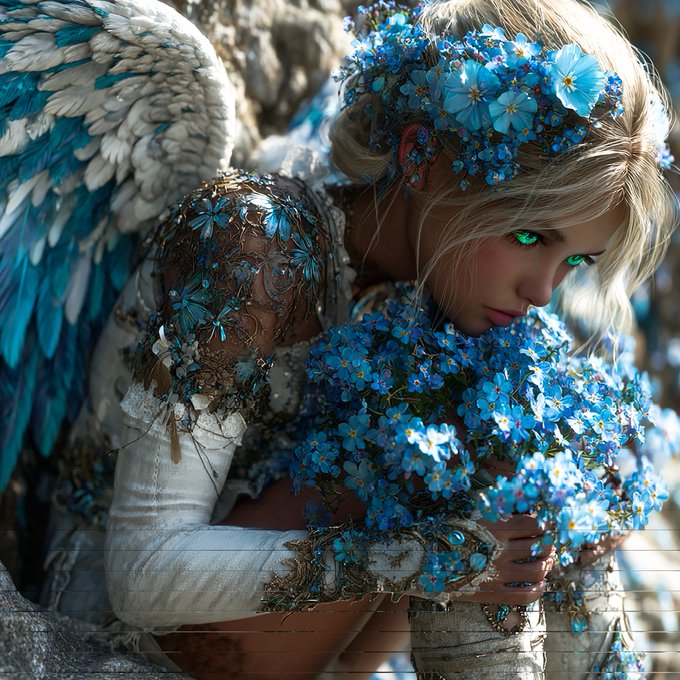 A fantasy-style portrait of a blonde angel-like figure with glowing green eyes, blue feathered wings, and a crown of blue flowers, holding a large bouquet of forget-me-nots while wearing a gold and blue floral-adorned dress.