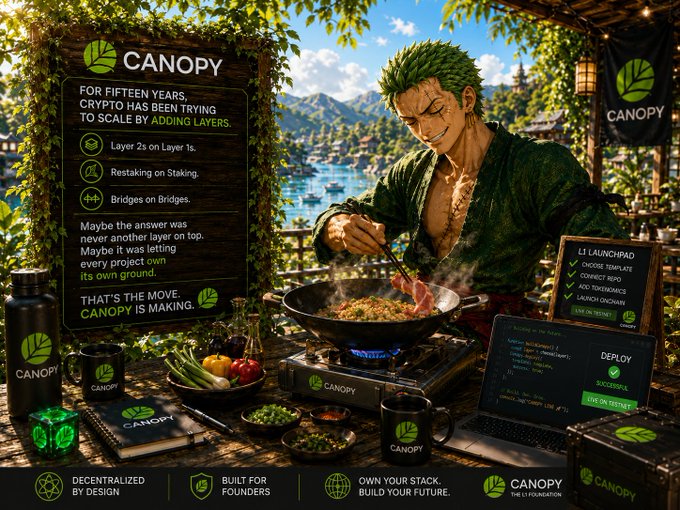 Canopy crypto project advertisement featuring anime-style artwork of a chef, promoting a multi-layer foundation with Layer 2s, restaking, and bridges, with a "Live on Mainnet" L1 Launchpad checklist.