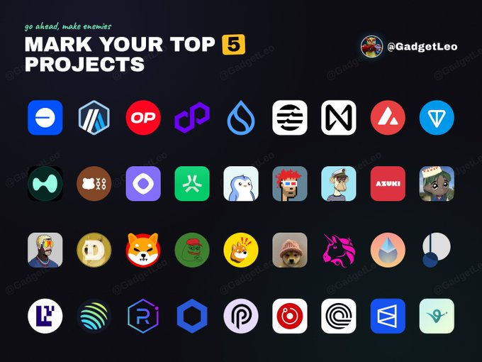 The image features a grid of various logos, including icons for different companies such as "mark your top 5 projects", "op", "n/a", "op", "op", "op", "op", "op", "op", "op", and "op". The logos are arranged in rows with columns. The post is titled "mark your top 5 projects" and the caption reads, "Hyperliquid base on do sui virtuals".