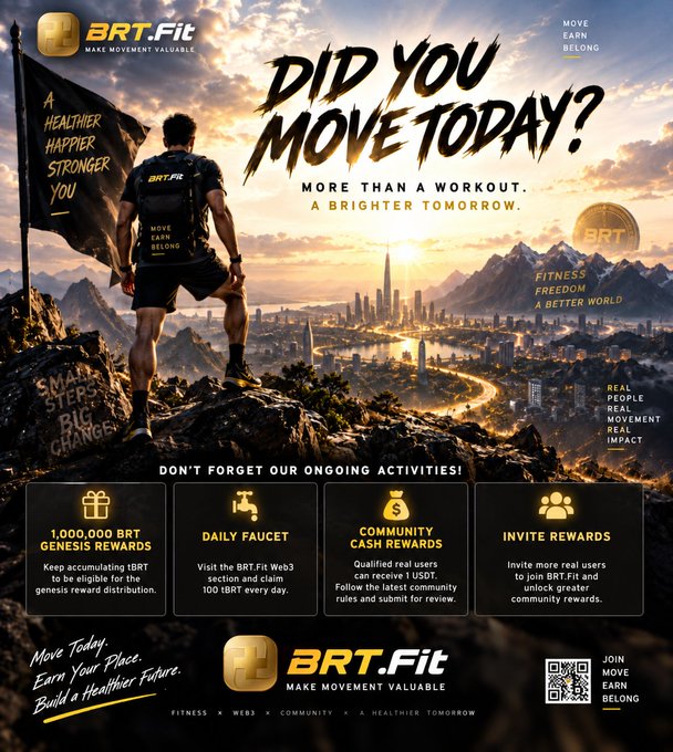 A muscular figure stands atop a mountain peak overlooking a glowing futuristic city, holding a flag reading "A HEALTHIER HAPPIER STRONGER YOU," with the BRT.Fit logo and "DID YOU MOVE TODAY?" headline, alongside ongoing activity banners for 1,000,000 BRT Genesis Rewards, Daily Faucet (100 tBRT), and Community Cash Rewards (1 USDT).