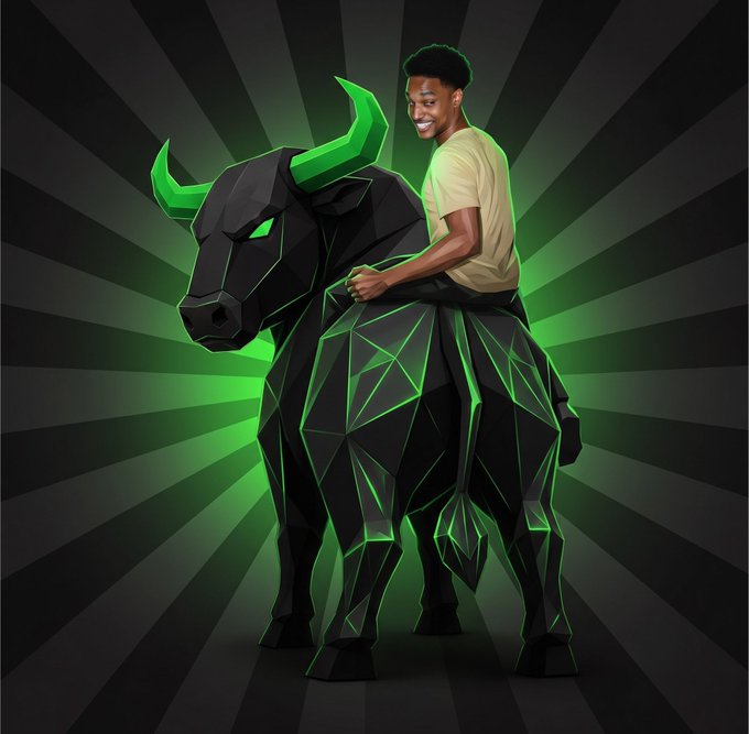 Digital illustration of a smiling young man in a yellow shirt riding a stylized black and neon green geometric bull against a radiating green and dark background.