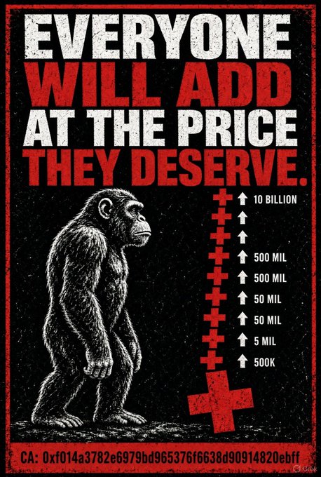A stylized, vintage-looking poster with bold red and white text reads 'EVERYONE WILL ADD AT THE PRICE THEY DESERVE.' An illustration of a large gorilla stands next to an upward arrow showing increasing crypto market cap tiers from 500K to 10 BILLION, with a contract address 'CA: 0xf0f4a3782e6979bd965376f6638d90914820ebff' at the bottom.