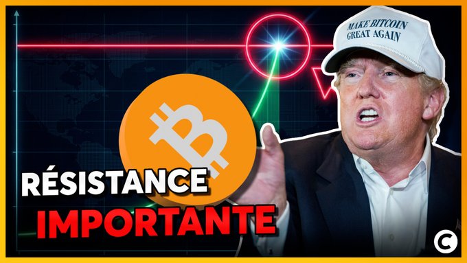 This image features a Bitcoin logo and text that reads "RÉSISTANCE IMPORTANTE" alongside a graphic representing a chart with a red resistance line, suggesting analysis related to Bitcoin's price movement and potential upcoming shifts. The image relates to the post by visually representing the topic of Bitcoin analysis and its potential for a "BIG MOVE."
